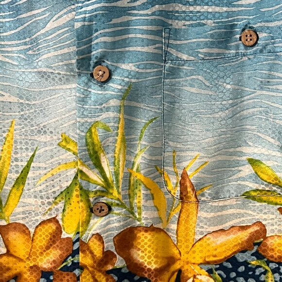 Tulliano Men’s 100% Silk Hawaiian Shirt Size Large – Blue Yellow Orchid Floral - Picture 3 of 8